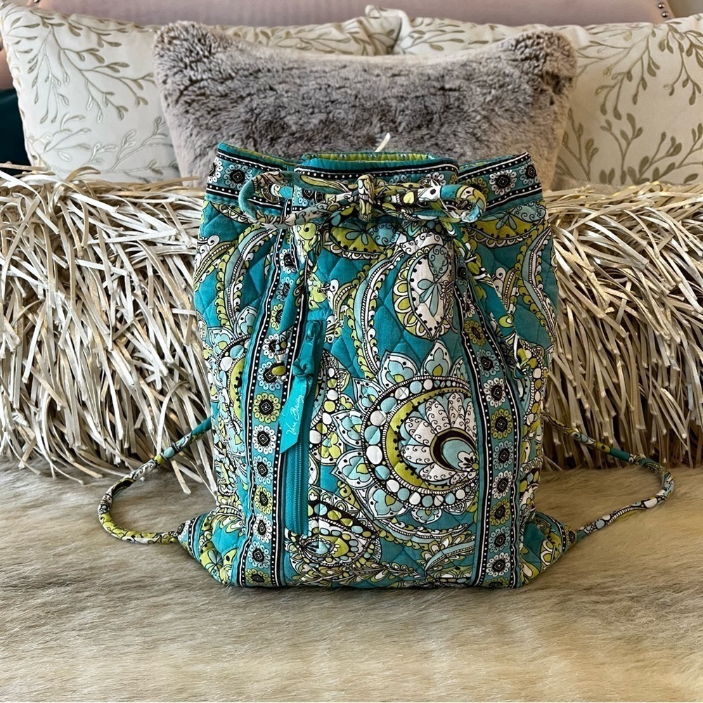 VERA BRADLEY Peacock Drawstring Bag Small Backpack Green Blue Paisley 2007 Y2K - Picture 1 of 13